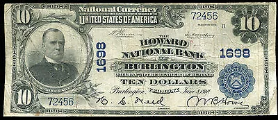 1902 $10 The Howard Nb Of Burlington Vt National Currency Ch. #1698 • $249.95