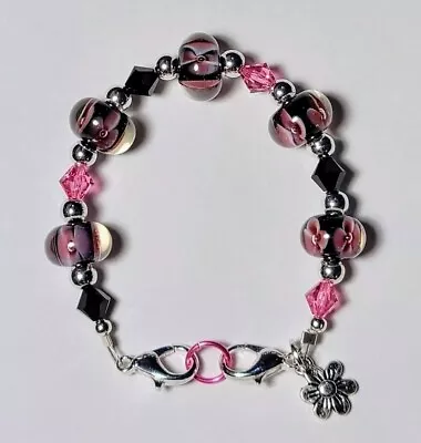 Lampwork Glass Pink & Black W/ Flowers Medical Alert ID Replacement Bracelet 6  • $11.50