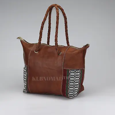 Moroccan Leather Women Tote Bag With Kilim Rustic Boho Style  • $119.99