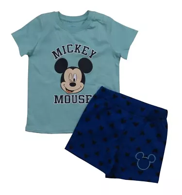 Disney Mickey Mouse Baby Boy Blue Cotton Jersey 2pc T Shirt Short Set 3-18 Month • £5.99