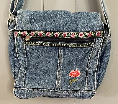 Vintage Purse Crossbody Bag Denim 90s Embroidery Floral Heart Rose Boho • $17