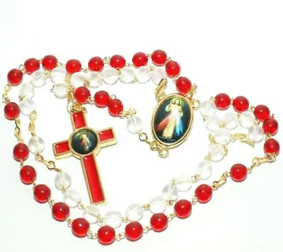 Divine Mercy Rosary Medal Catholic Necklace Glass Beads Red Clear Prayer  • $16.93