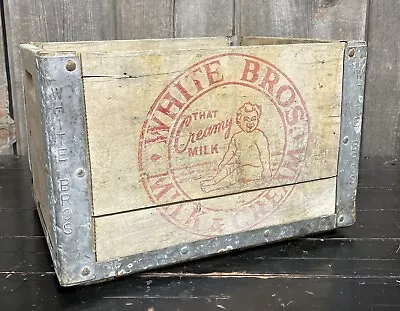 Vintage 1950s White Bros Milk & Cream Wood & Metal Box Crate Sign Killer Graphic • $145