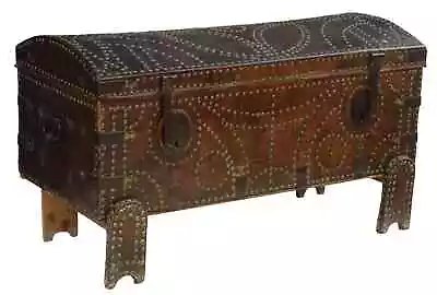 Antique Trunk Spanish Baroque Leather-Clad Fabric Lined Nailhead 1700's!! • $3475