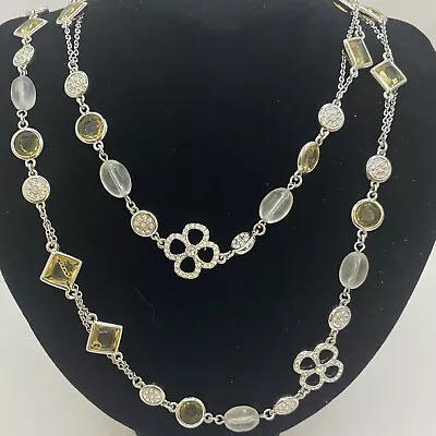 Retired Lia Sophia Bezel Crystal & Pave Silver Clover Necklace-adjustable 43”-46 • $15