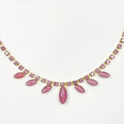 Vintage 60s Pink Moonglow Cat’s Eye Glass & Rhinestone Gold Tone Choker Necklace • $32