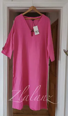Zara SS22 Long Flowing Linen Blend Tunic Dress Fuchsia Pink Peach XS S M L XL • £22.12