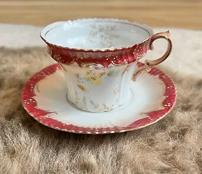 Antique Mustache Teacup Cup & Saucer Scallop Gold Relief Floral Flower Porcelain • $49.99