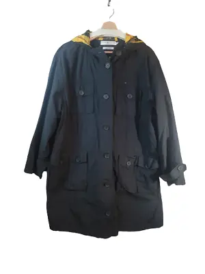 TOMMY HILFIGER Womens Trench Coat MIDI Length Hooded Vintage Black Size 3X • $69.99