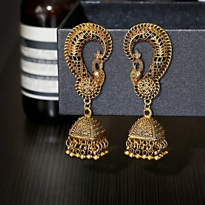 Vintage Women's Gold Peacock Shape Drop Bells Indian Earrings Jhumka Jewellery • $5.49