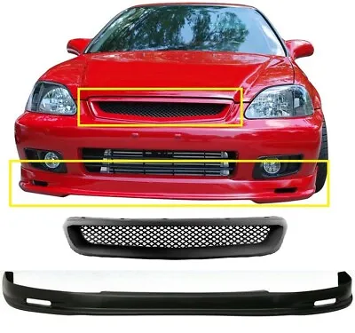 Fits 99-00 Honda Civic EK 2DR 3DR 4DR Mugen Style Front Bumper Lip + Mesh Grille • $93.47
