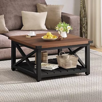 Industrial Square Coffee Table Center Table With 2 Tier Storage Shelf  Walnut • $86.99