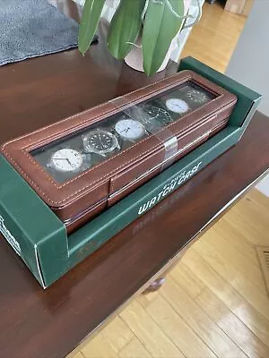 NEW Woodbury Men’s Six Slot 6 Piece Brown Leather Watch Case Holder Box • $22.99