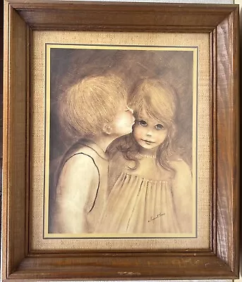 Vintage Margaret Kane “A Little Kiss” Print Big Eye Boy & Girl Framed 20.25  • $34.99