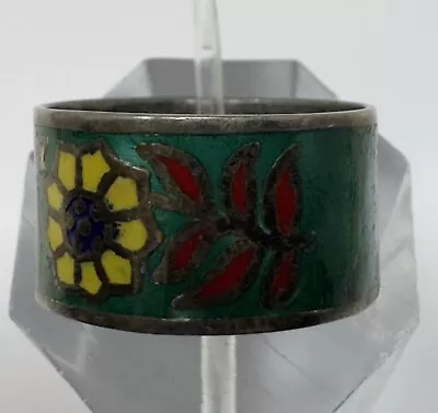 Vintage Thailand Sterling Silver Green Floral Painted Enamel Wide Band Ring • $19.99