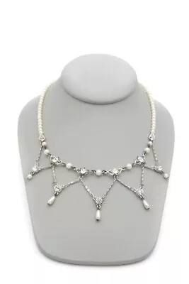 Vintage Necklace Silver Tone Faux Pearl Rhinestone Festoon 17.5  • $17.99