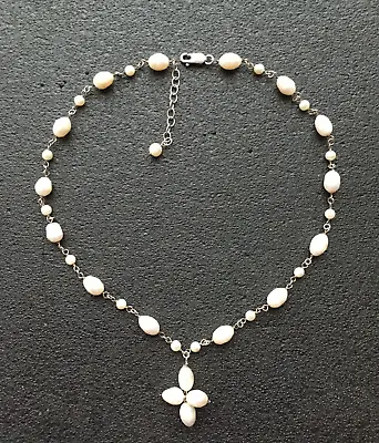 VTG 925 Sterling Silver Single Strand Natural Rice Pearl Link Necklace Chain 16  • $39.99