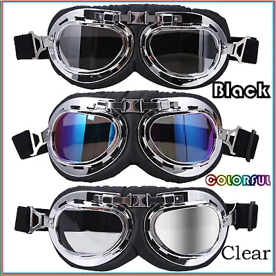 Motorcycle Retro Vintage Goggles Aviator Pilot Flying Eyewear Glasses Helmet UTV • $8.54