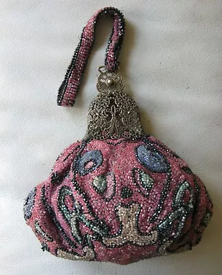 Antique Victorian Silver Filigree Frame Pink & Multi Colored Bead Puffy Purse • $85