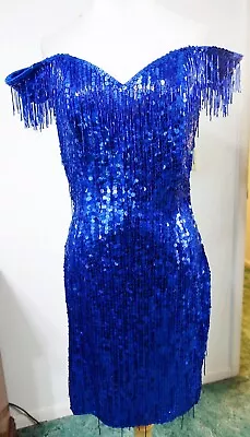 NADINE M Dress Cobalt Blue Sequins Beaded Fringe Stretch Cocktail VINTAGE • $83.50