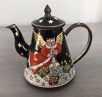 Vtg Hand Painted Enamel On Copper Miniature Teapot Cat Angel Flying Among Stars  • $33
