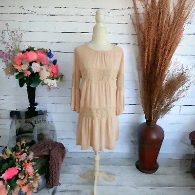 BCBG Women's Blush Pink Tiered Lace LS Women's Dress Wedding Boho Size Med EUC • $22.99