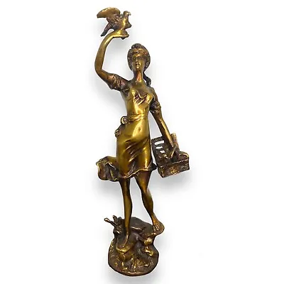 16  Brass Sculpture Woman Birds & Basket French Statue Figurine Emile Guillemin • $75