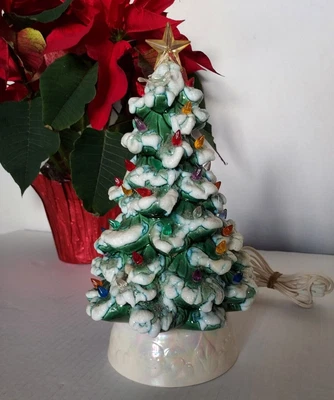 $65 • Buy Vtg Flocked & Crystal Flakes Ceramic Christmas Tree 12.5  White Pearl Base Bird