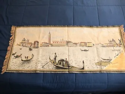 Vintage Made In Italy Fringed Tapestry Of The Venice Canal 48 X20  Great Details • $22