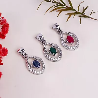 Solid Shiny 925 Silver Jewelry Pendant Natural Emerald Ruby And Sapphire Pendant • $31.21