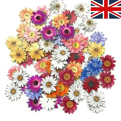 50Pcs 25mm Daisy Flower Wooden Decorative Buttons Scrapbooking Embellishment UK • £4.25