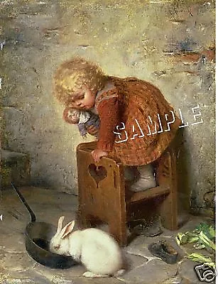 Vintage Antique Era Victorian Child Girl Bunny Rabbit Doll Canvas Farm Art Print • $29.60