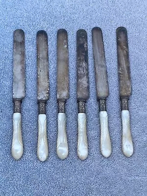 Mother Of Pearl Table Knives Lot Of 6 Diamond Knurl Handle J. Russell Co. 1834 • $125