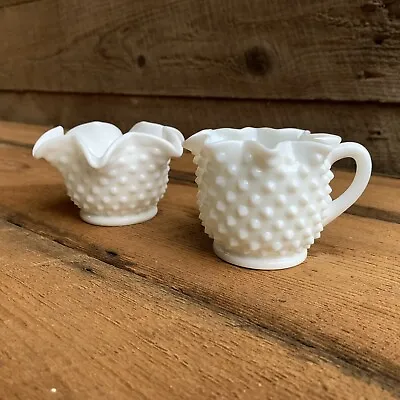 Milk Glass Creamer Sugar (Bon Bon) Set Star Shaped Rim Vtg Cottagecore Hobnail • $15