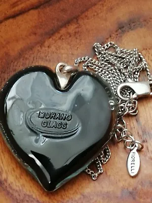 Large Stamped Murano Glass Silver Black Heart Pendant On Fiorelli Chain • £18