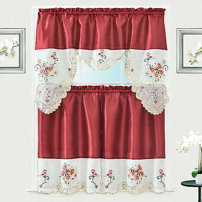Butterfly Sequins Embroidery Kitchen Curtain With Swag And Tier Set 36 In • $17.97