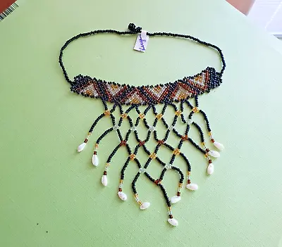 African- Maasai- Handmade Glass Bead & Shell Choker Necklace-Black- Kenya- New T • $10.49