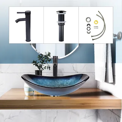 £68.90 • Buy Bathroom Countertop Basin Sink Tempered Glass Wash Bowl Set W/ Tap Pop-up Waste