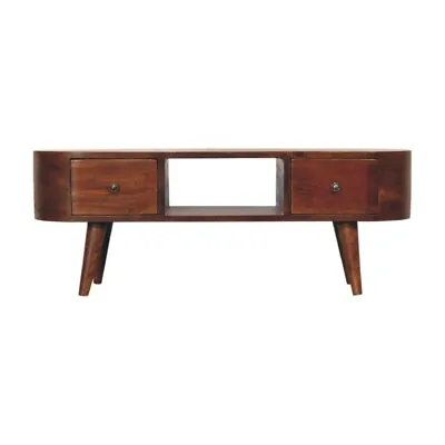 Mid Century Modern Curved TV Stand Entertainment Unit With 2 Drawers Mango Wood • $329.99