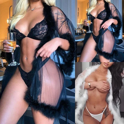 $9.49 • Buy Women Sexy Fluffy Lace Lingerie Bra Set Kimono Dressing Gown Sleepwear Babydoll