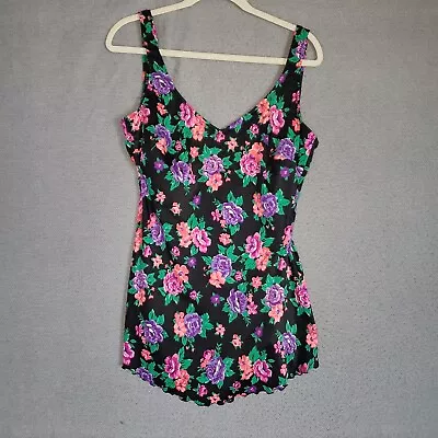 Vintage Robby Len Women's One Piece Floral Black Swimsuit Skirt USA Made  • $19.99