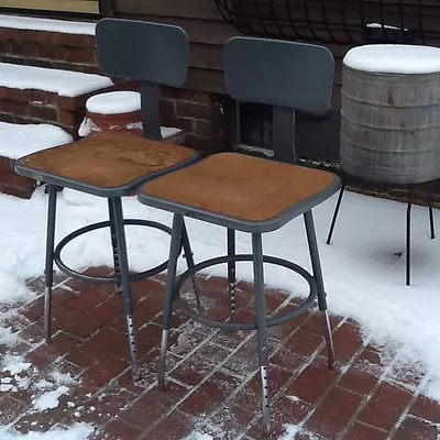 2 Same Vtg Industrial Stools - Adjust 16  To 22  -15  X 15 1/2  Seats -Very Good • $149.65