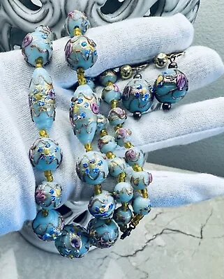 Venetian Murano Light Blue Yellow Wedding Cake Glass Bead Necklace Earrings  Set • $249.95