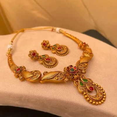 Matt Gold Plated Bollywood Style Indian Wedding Necklace Women 22K Jewelry Sets • £16.26