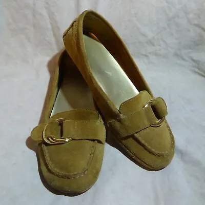 🥿 Me Too Comfort Loafers Sz 9 M Camel Tan Suede Leather; Brass Buckle Straps • $19.99