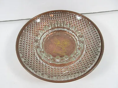 Vintage Glass Ashtray With Metal Dish Retro Decor Cotton Spinning Wheel Print • $9.99