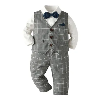 3pcs Baby Boy Gentleman Bowtie Shirt Outfit Birthday Party Check Vest Pants Suit • £14.39