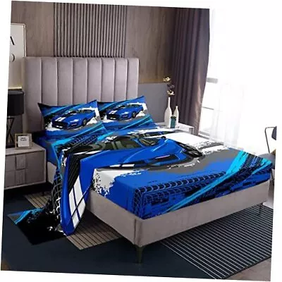 Blue Sports Car Sheet Set For Kids Boys MenGraffiti Race Car Bed Twin Car 07 • $35.73
