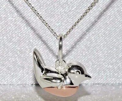 Sterling Silver & 9ct Rose Gold ROBIN BIRD Pendant / Necklace - Choice Of Chain • £17.95