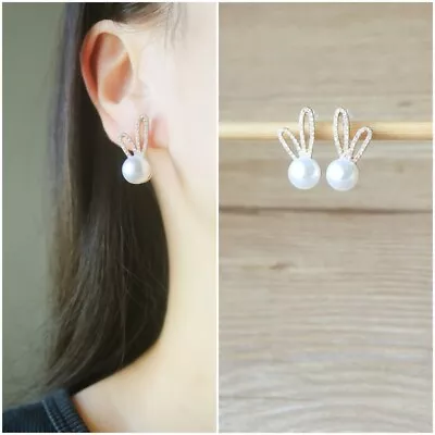  Adorable/rabbit Faux Pearl Gold Stud Earrings Women/teen Kawaii Kpop UK Seller • £3.99